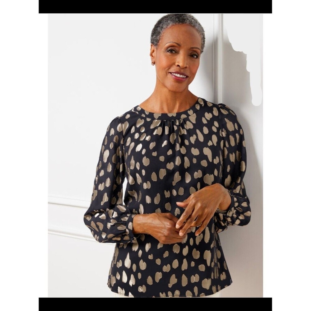NWT Talbots Black & Silver Leopard Dot Print Chiffon Blouse Size 1X